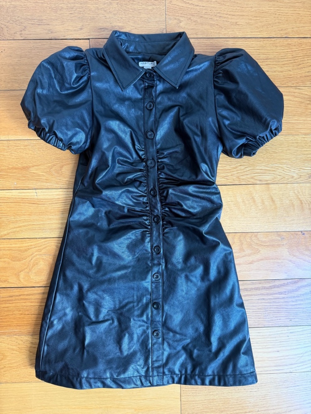 NEW Girls Habitual Black Faux Leather Dress with Puff Sleeves